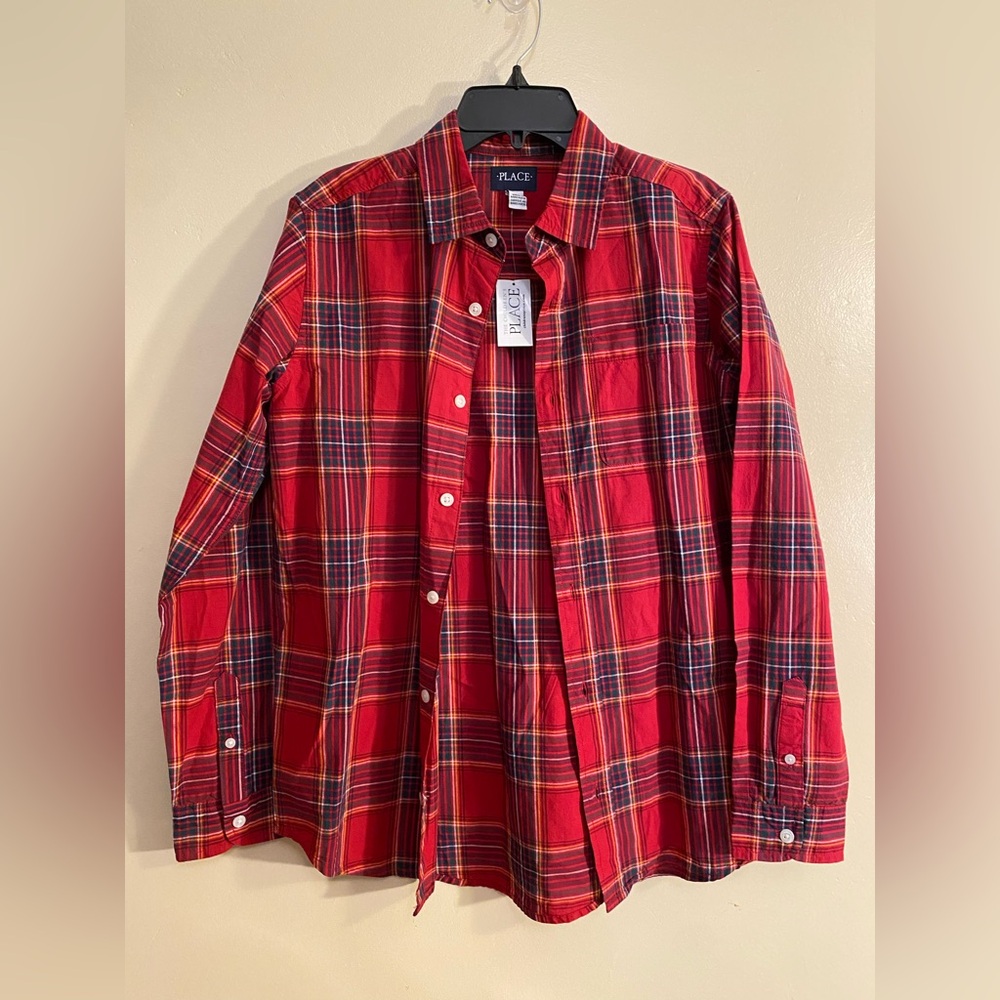 NWT Childrens Place Boys Red Plaid Long Sleeve Cotton Button Up Shirt